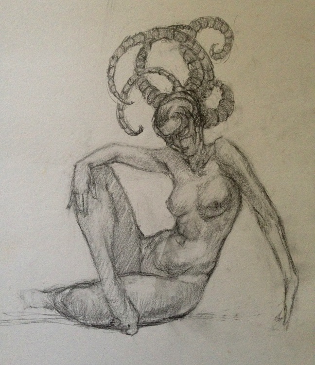 Masked Woman, nude graphite drawing